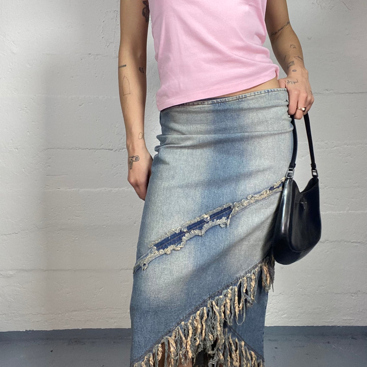 Vintage 2000's Cow-Girl Denim Deconstructed Maxi Skirt with Fringes and Volant Detail (S/M)