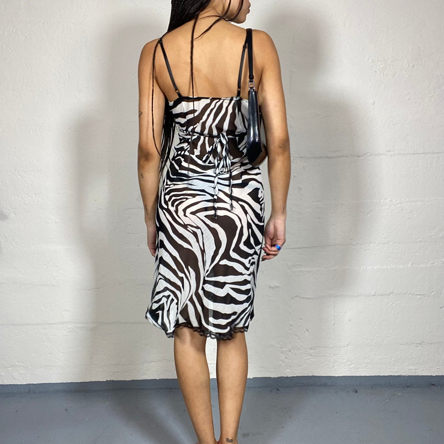 Vintage 2000's Sex and The City Black Midi See Through Dress with Zebra Print (S)