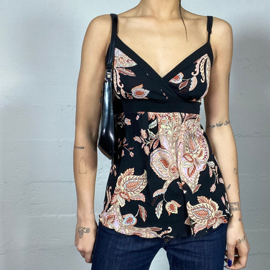 Vintage 90's Phoebe Buffay Black Blouse Top with Boho Pink and Beige Floral Paisley Print (S)