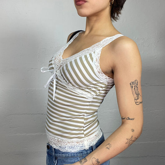 Vintage 2000's Coquette Girl White Lace Top with Khaki/Beige Stripes Print (S)