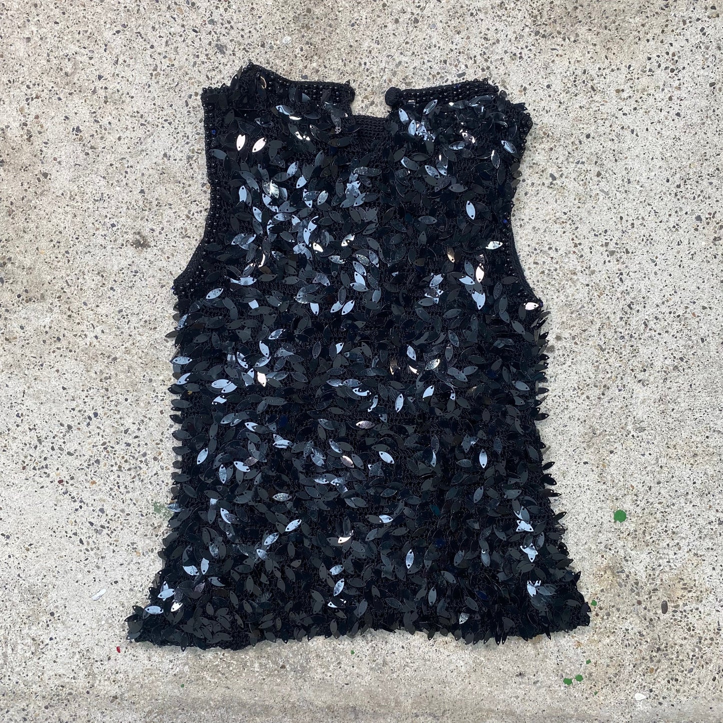 Vintage 2000's Clubwear Black Top with Sequin and Beaded Neckline (S/M)