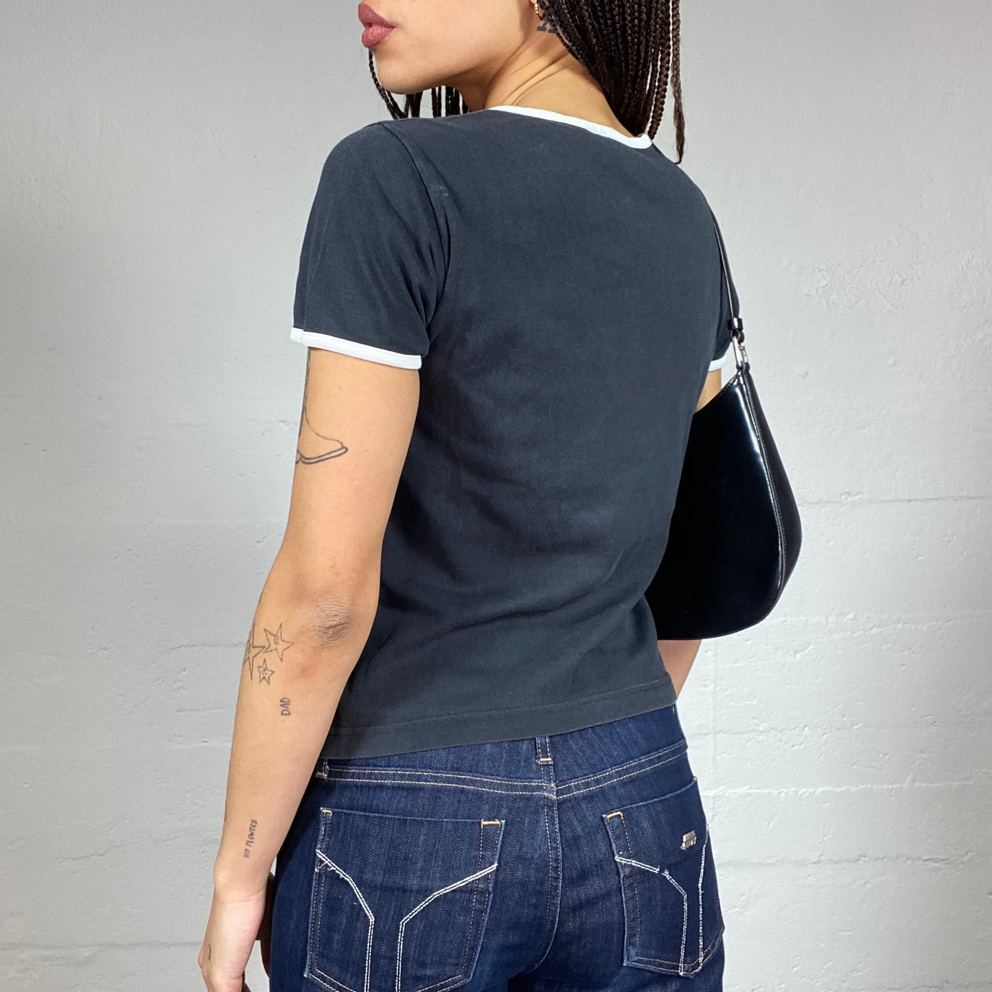 Vintage 2000's Sleaze Black Top with Flower Friends Print (S)
