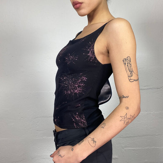 Vintage 2000's Clubwear Black Top with Bright Red Glitter Decoration (S)