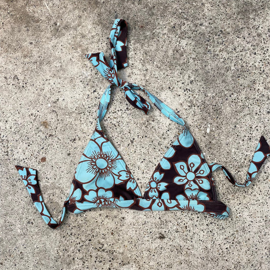 Vintage 2000's Summer Brown & Blue Triangle Bikini Top with Hibiscus Flower Print (M)