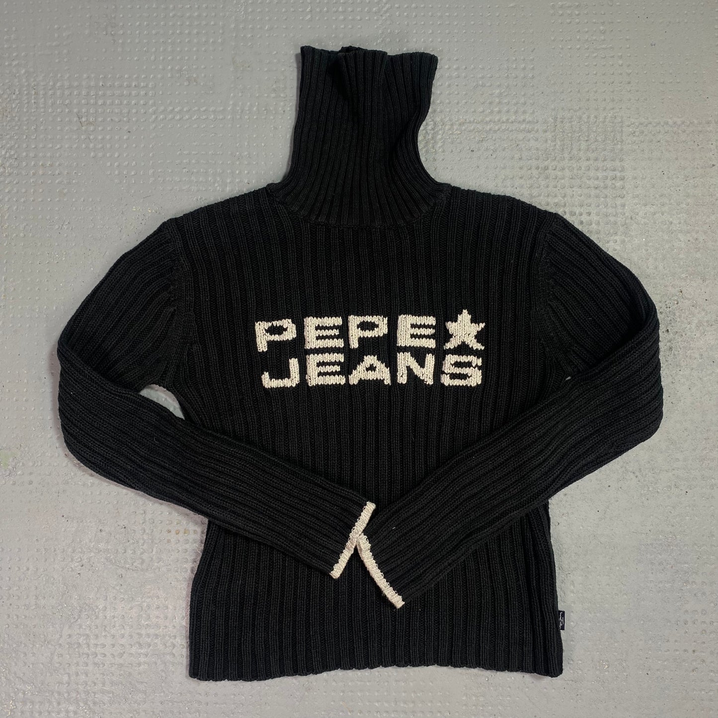 Vintage 2000's Pepe Jeans Downtown Girl Black Turtleneck Knitted Jumper with White Brand Name Detail (S)