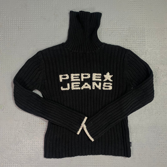 Vintage 2000's Pepe Jeans Downtown Girl Black Turtleneck Knitted Jumper with White Brand Name Detail (S)