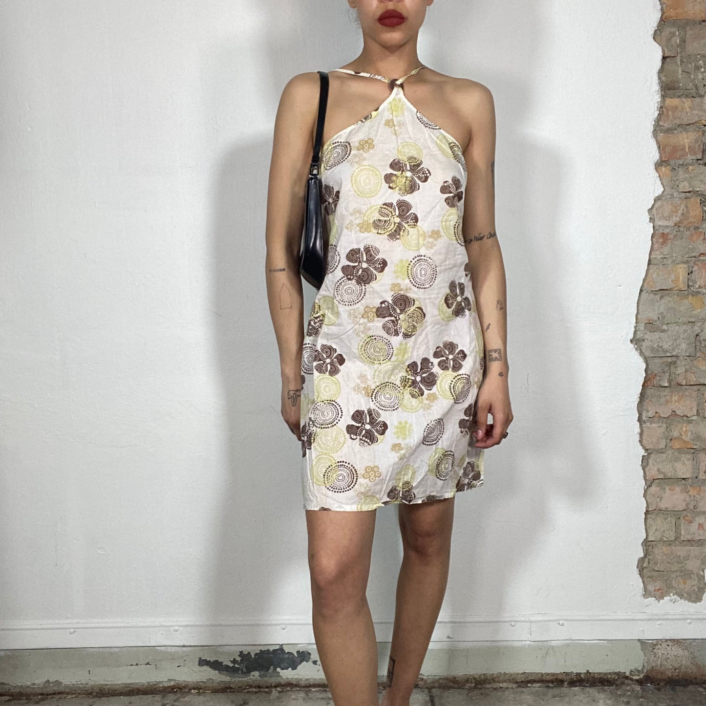 Vintage 2000's Surfer Cream Halter Neck Dress with Brown and Green Flower Print (S/M)