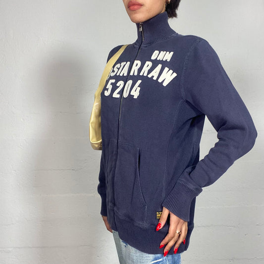 Vintage 90's G-Star College Navy Blue Zip Up Sweater with Brand Typography Detail (M/L)