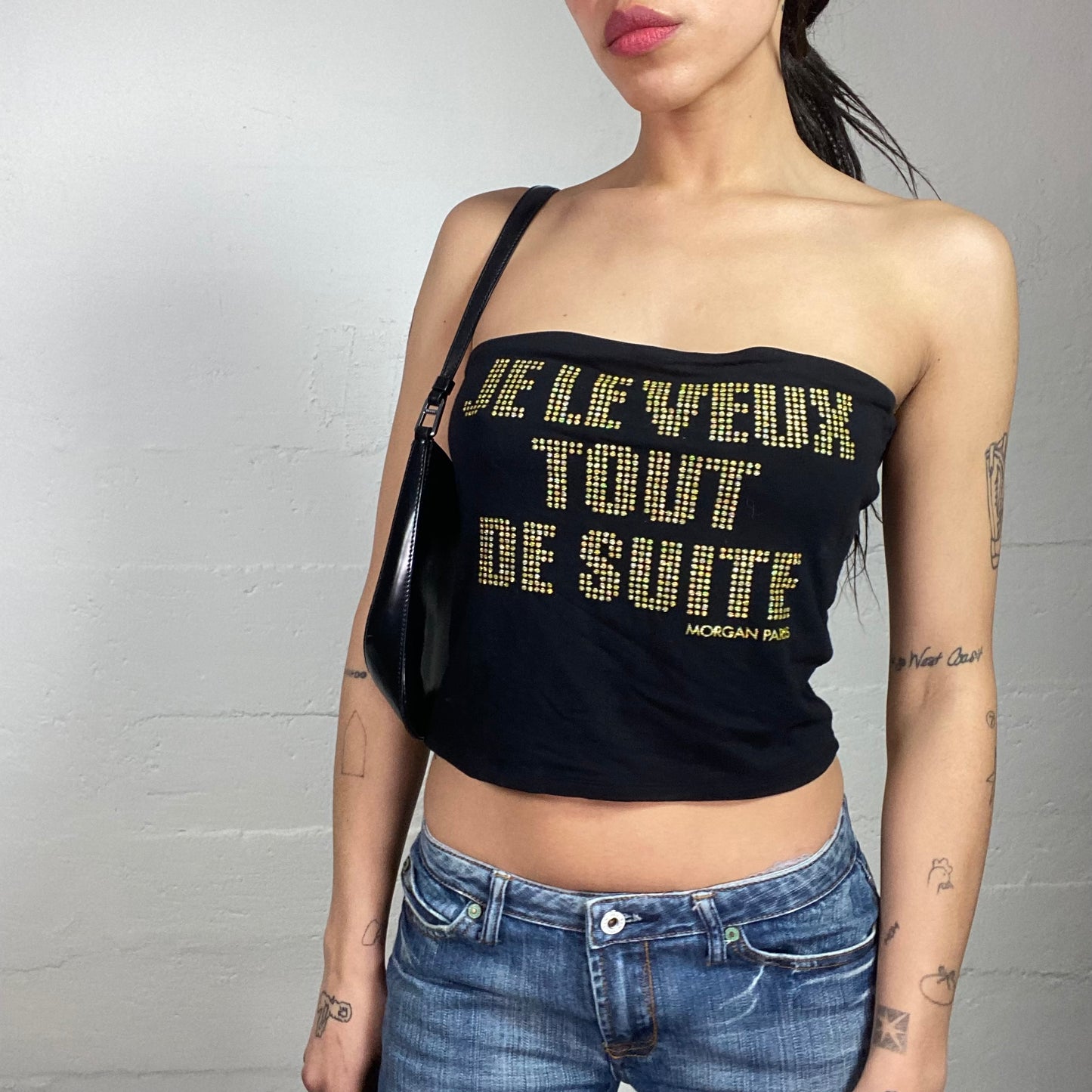 Vintage 2000's Morgan Rave Black Strapless Cropped Top with Strass "Je Le Veux Tout De Suite" Text Detail (S)