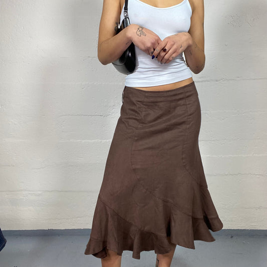 Vintage 2000's Fairy Brown Maxi Skirt with Frilled Asymmetric Cut (S)