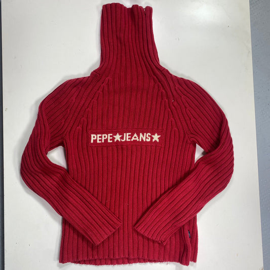 Vintage 2000's Pepe Jeans Cute Red Turtleneck Jumper with White Brand Print Detail (M)