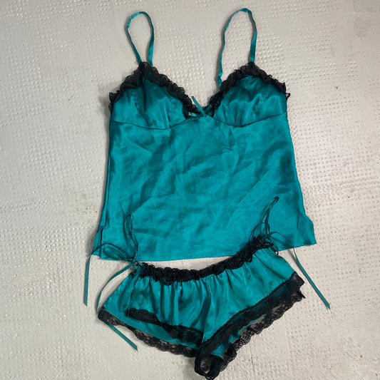 Vintage 2000's Lingerie Blue Satin Cami Set with Black Lace (S)