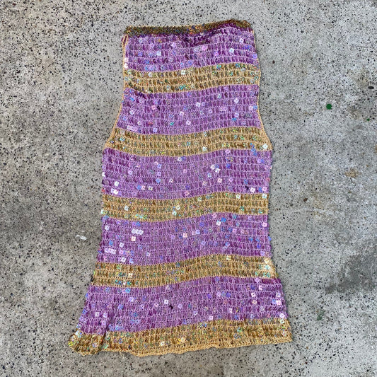 Vintage 2000's Festival Yellow and Pink Striped Sequin Mini Dress (S)