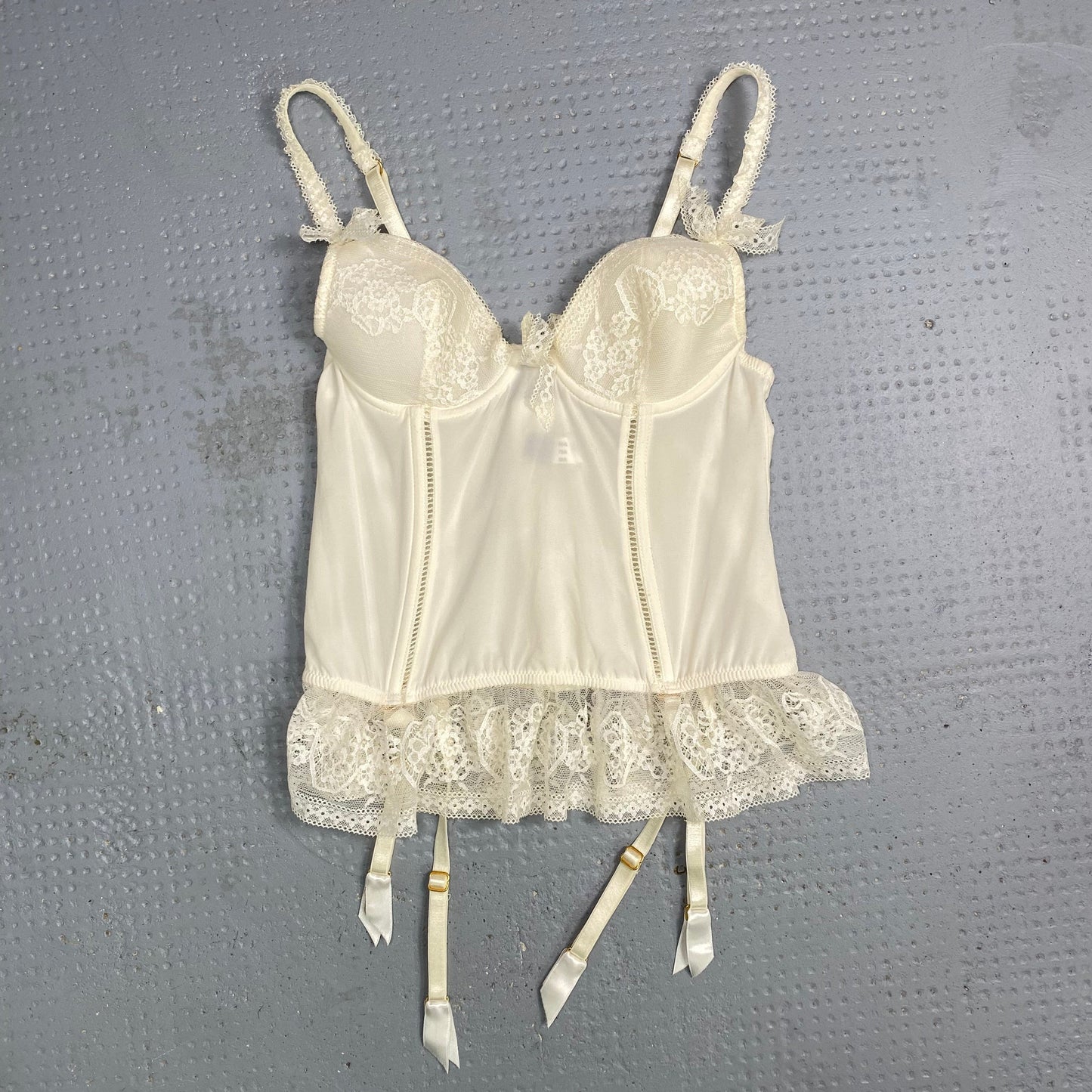 Vintage 90's Lingerie White Lace Corset Top with Ribbon Detail (S)