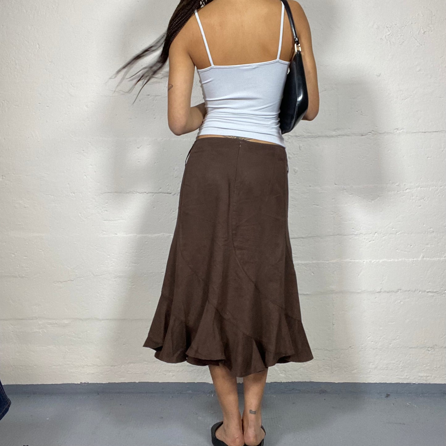 Vintage 2000's Fairy Brown Maxi Skirt with Frilled Asymmetric Cut (S)