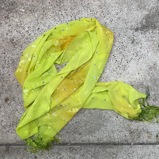Vintage 2000's Funky Lime Green Chiffon Scarf with Floral Embroidery and Fringe