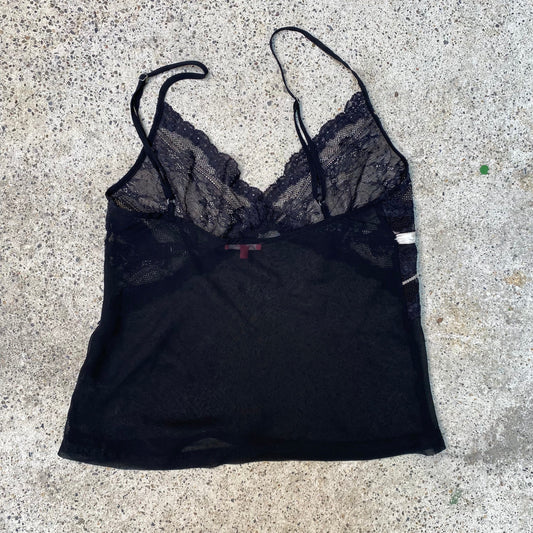 Vintage 90's Lingerie Balck Cami Top with White Ribbon Detail (S)