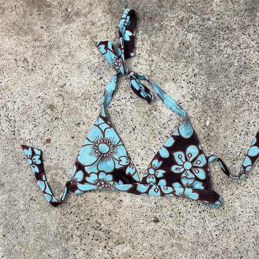 Vintage 2000's Summer Brown & Blue Triangle Bikini Top with Hibiscus Flower Print (M)
