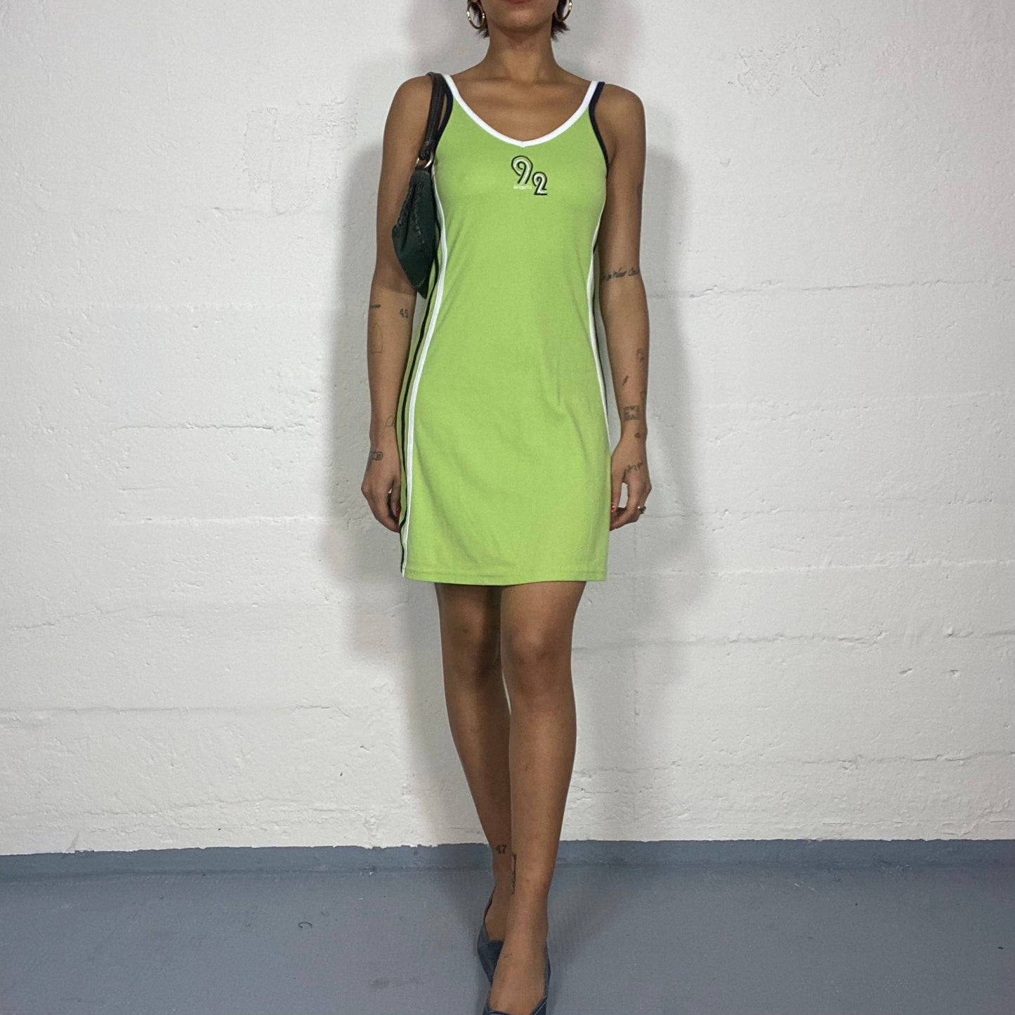 Vintage 2000's Sporty Girl Lime Green Mini Dress with Black & White and "92" Chest Print Detail (S/M)