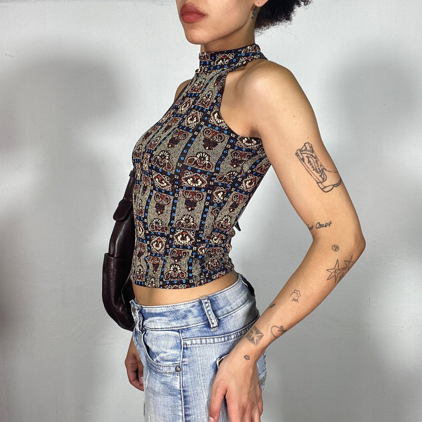 Vintage 2000's Funky High Neck Top with Brown and Blue Paisley Print (XS)