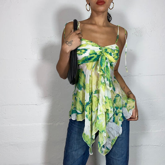 Vintage 2000's Summer White Blouse Top with Frills and Lime Maxi Print (S/M)