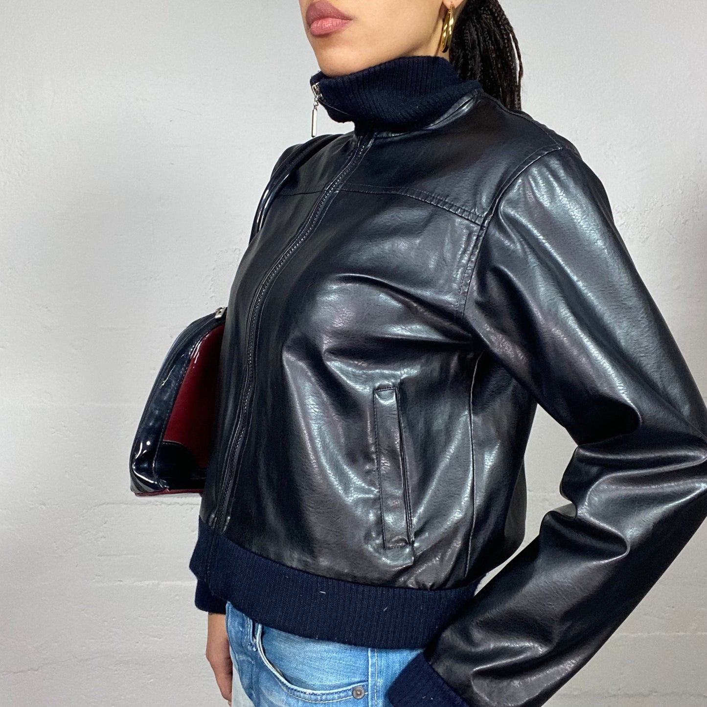 Vintage 2000's Archive Black Straight Cut Biker Jacket with High Neck and Maille Detail (M)