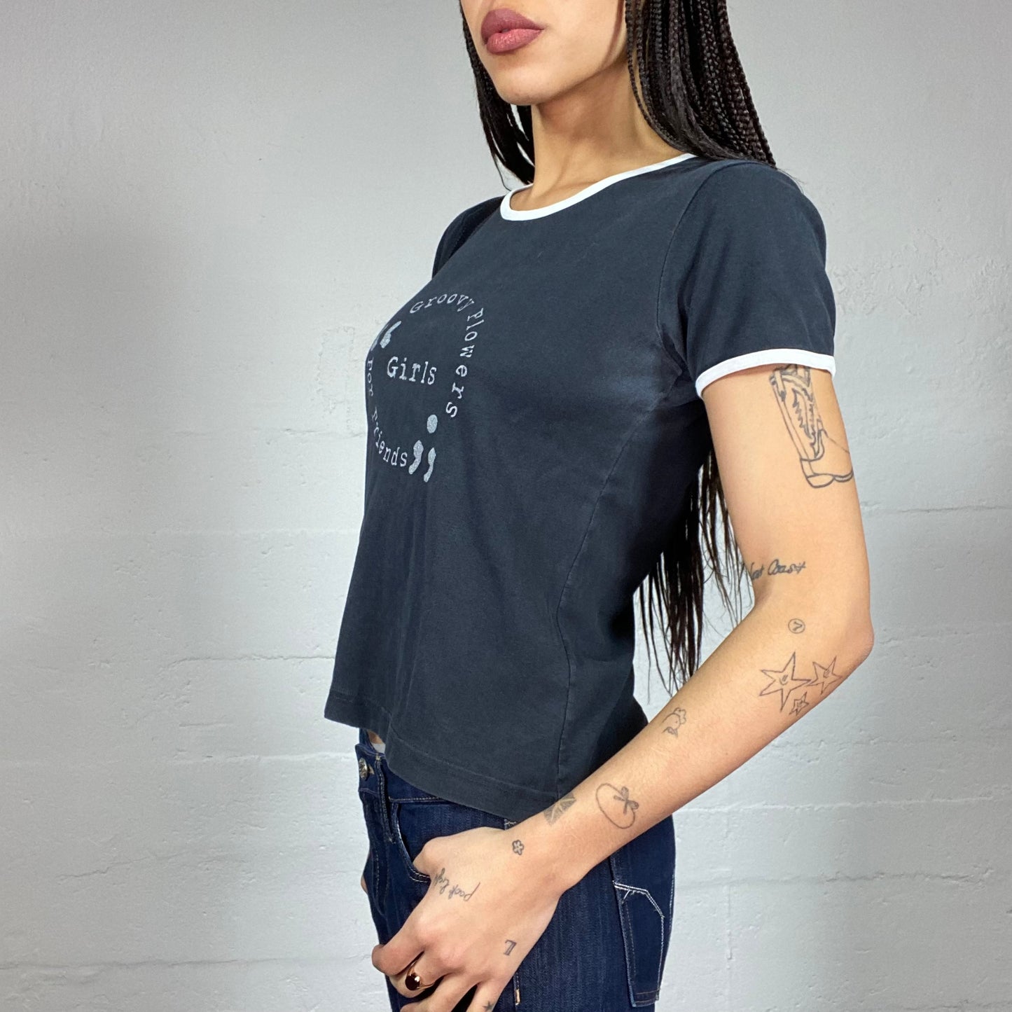 Vintage 2000's Sleaze Black Top with Flower Friends Print (S)