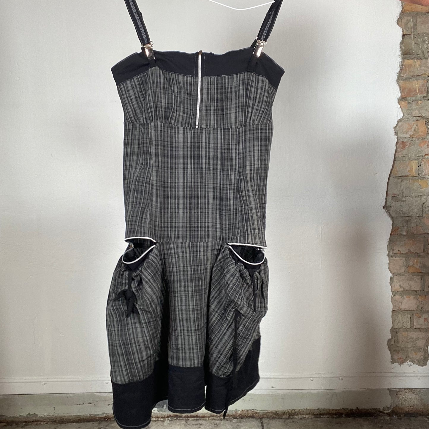 Vintage 2000's Gothic Grey Plaid Cargo Dress with Buckle Strap Details (XS/S)