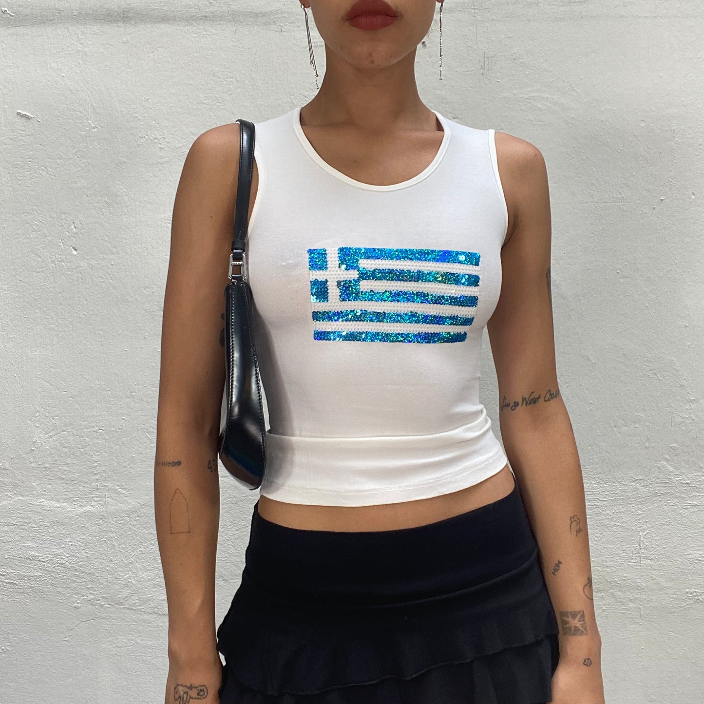 Vintage 90's Beach Girl White Tank Top with Greece Sequins Flag (S)