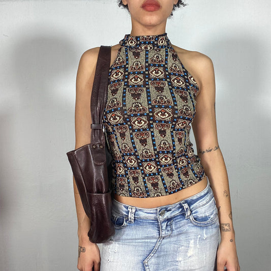 Vintage 2000's Funky High Neck Top with Brown and Blue Paisley Print (XS)