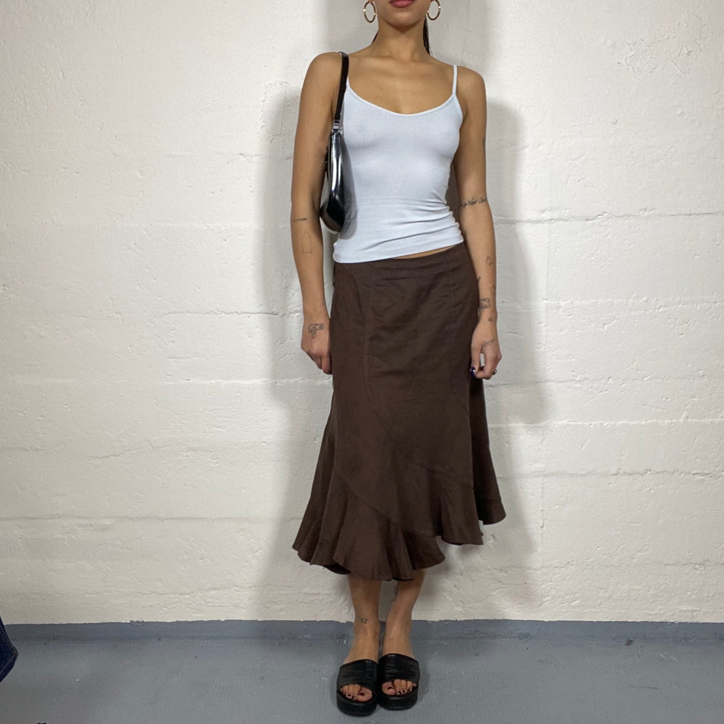 Vintage 2000's Fairy Brown Maxi Skirt with Frilled Asymmetric Cut (S)