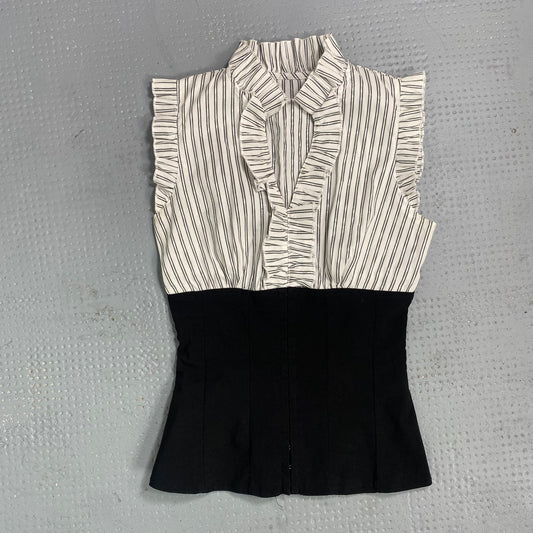 Vintage 2000's Office Girl White and Black Shirt Top with Pinestripe Print (S)