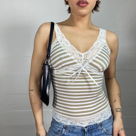 Vintage 2000's Coquette Girl White Lace Top with Khaki/Beige Stripes Print (S)