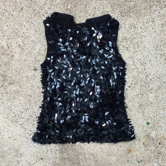 Vintage 2000's Clubwear Black Top with Sequin and Beaded Neckline (S/M)