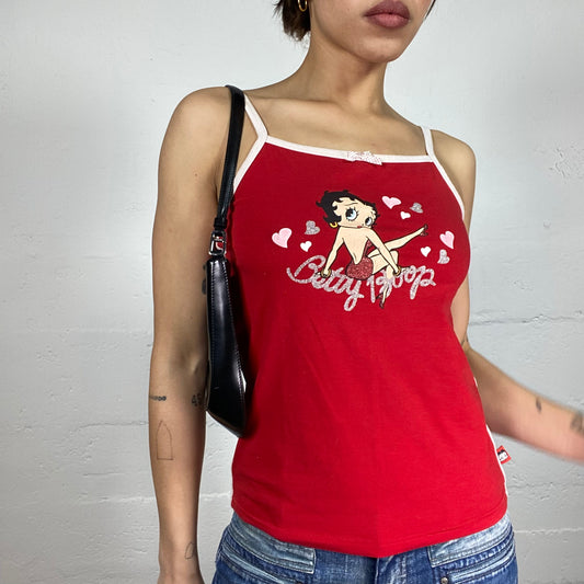 Vintage 2000's Betty Boop Sleaze Girl Red Cami Top with Cartoon Print Detail (M)