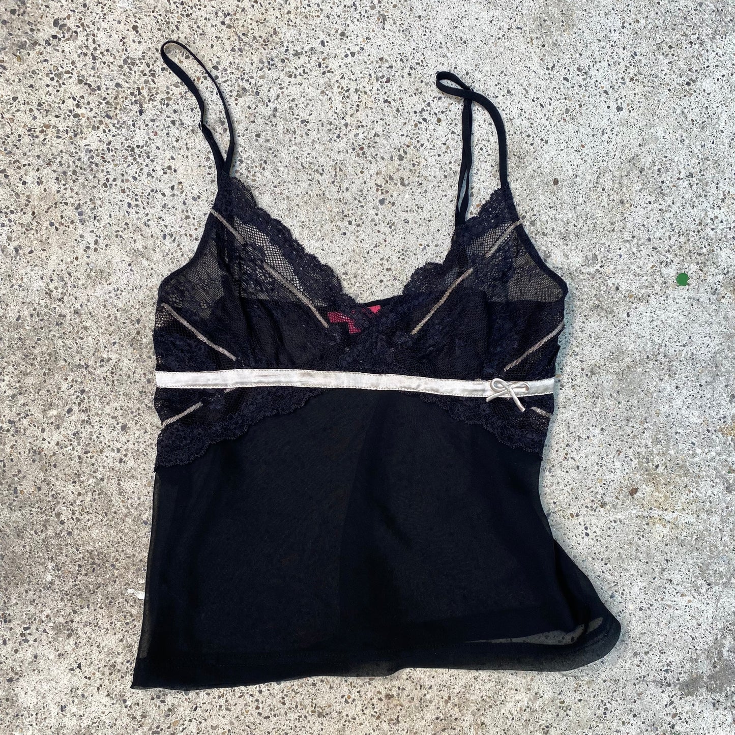 Vintage 90's Lingerie Balck Cami Top with White Ribbon Detail (S)