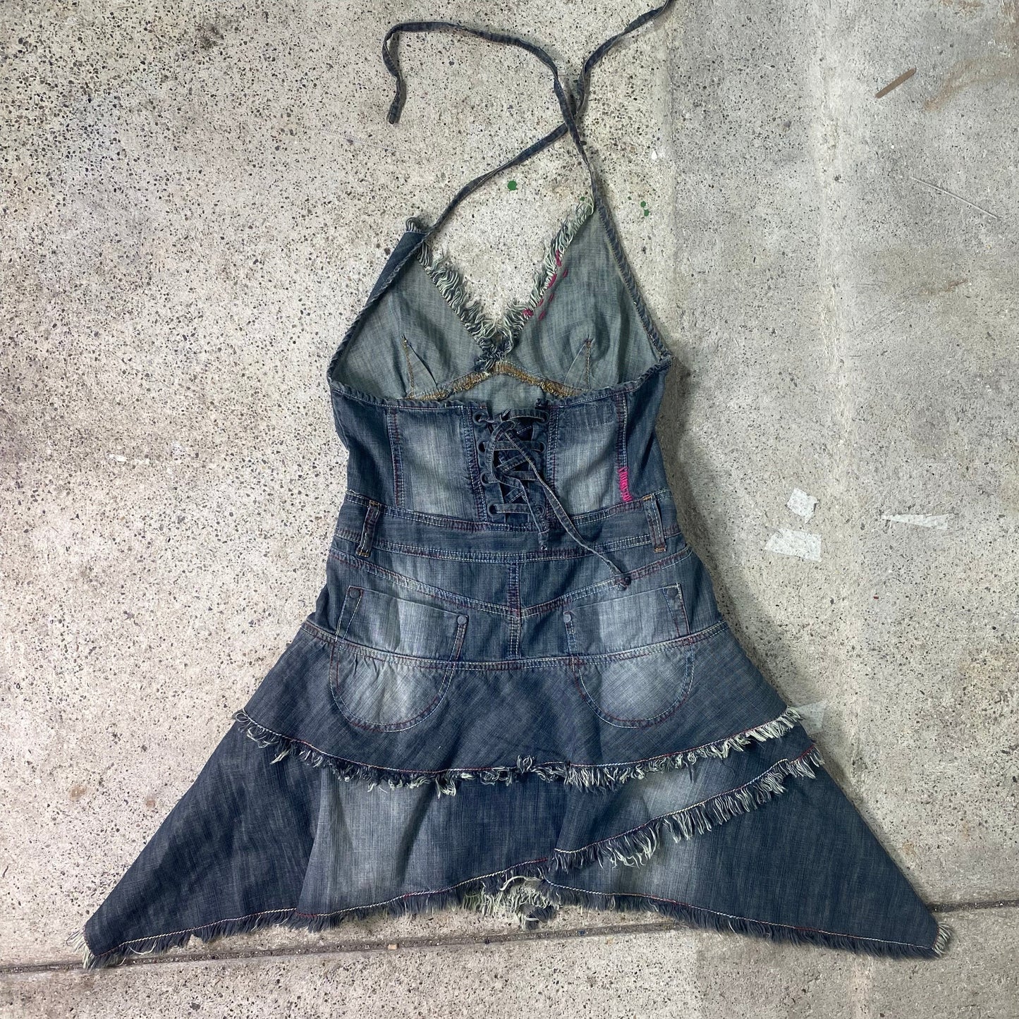 Vintage 2000's Grunge Denim Neckholder Deconstructed Dress with Typography Print (XS)