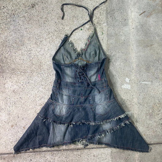 Vintage 2000's Grunge Denim Neckholder Deconstructed Dress with Typography Print (XS)