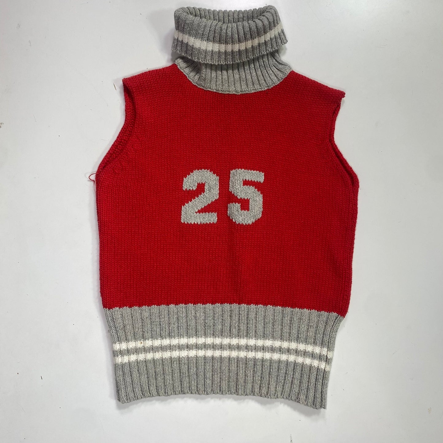Vintage 90's Downtown Girl Red Knitted Highneck Vest Top with Grey '25' Print (S)