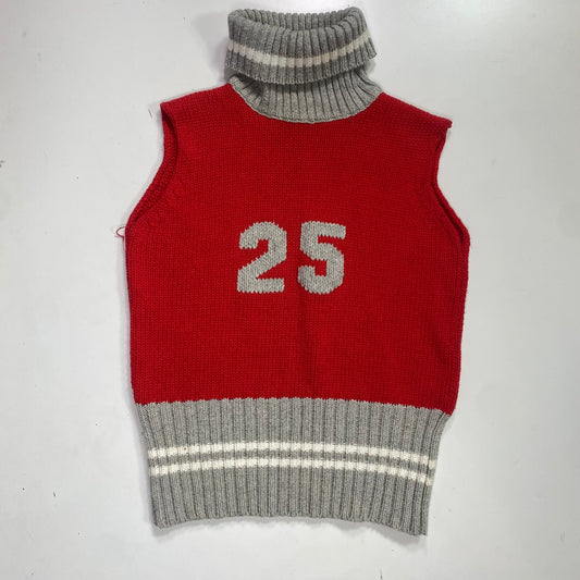 Vintage 90's Downtown Girl Red Knitted Highneck Vest Top with Grey '25' Print (S)