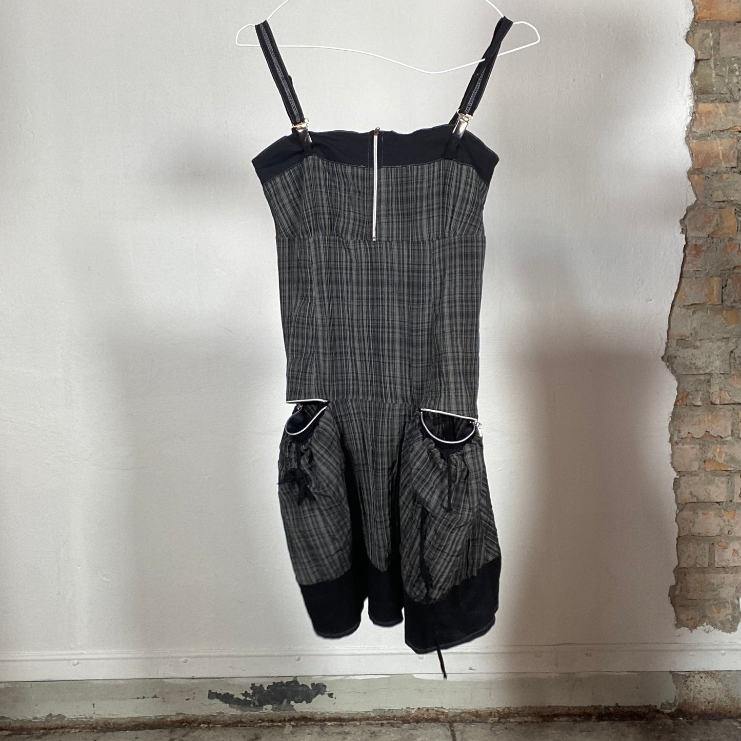 Vintage 2000's Gothic Grey Plaid Cargo Dress with Buckle Strap Details (XS/S)