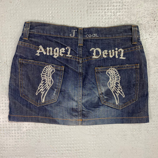 Vintage 2000's Archive Dark Denim Mini Skirt with Back Angel Devil Wings Print (S)