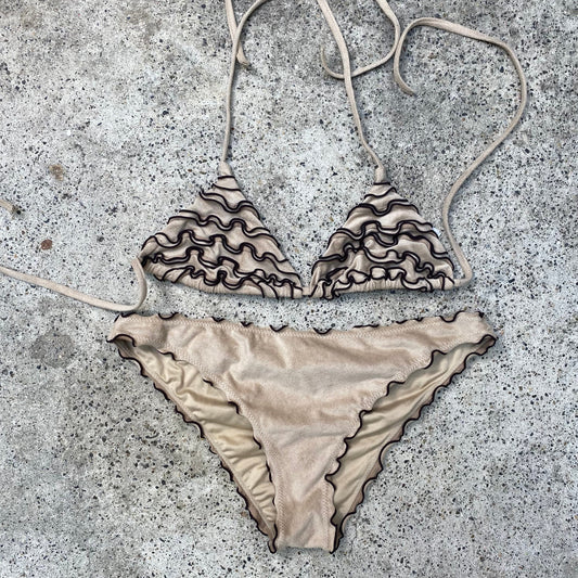 Vintage 2000's Summer Beige & Black Triangle Bikini Top with Frills (M)