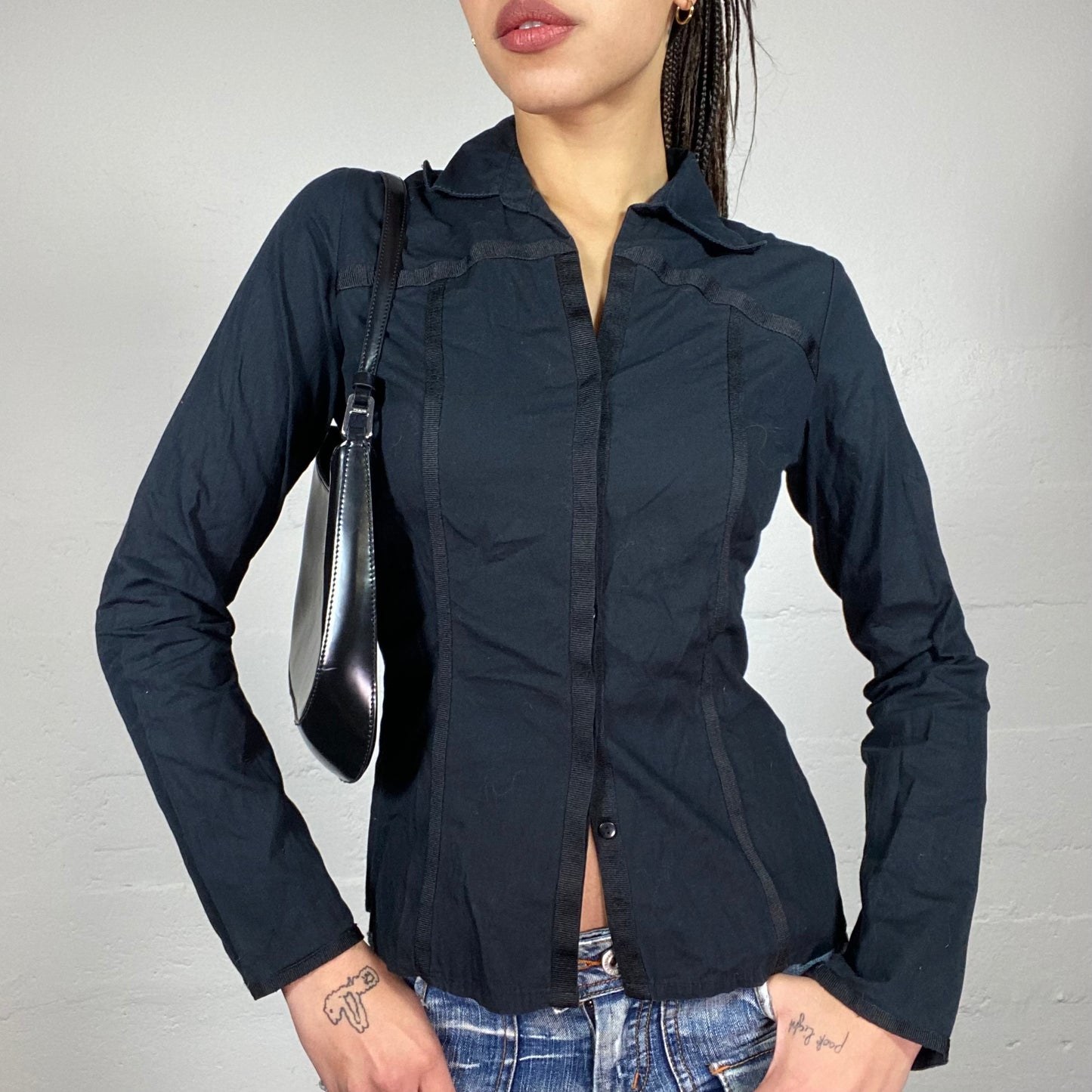 Vintage 2000's Corpcore Black Longsleeve Button Up Shirt (S)