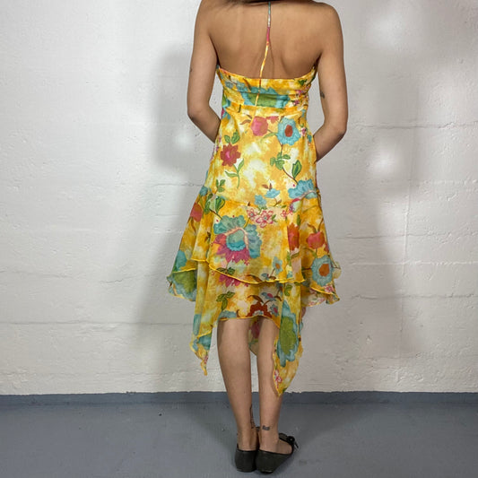 Vintage 2000's Barbie Yellow Layered Dress with Maxi Floral Print with Rhinestones Detail (S)