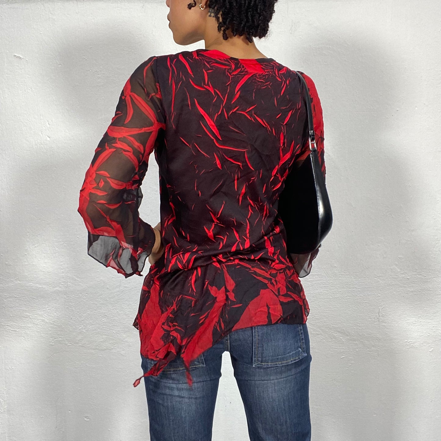 Vintage 2000's Black Mesh Tunika Top with Red Leaf Print (S/M)