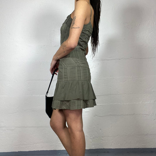 Vintage 90's Cyber Khaki Mini Dress with Pinstripes Print and Layered Lace Up Skirt Detail (S/M)