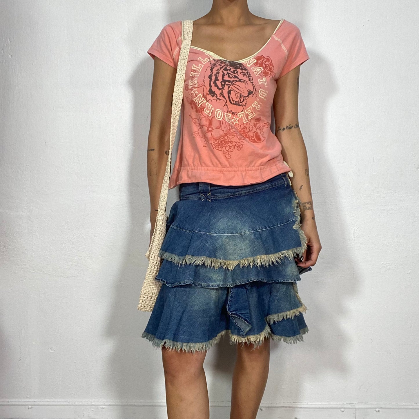 Vintage 2000's Morgan De Toi Denim Layered Midi Skirt with Raw Hem (S/M)