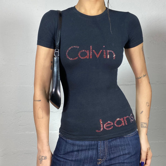 Vintage 2000's Calvin Klein Downtown Girl Black Top with "Calvin Jeans" Red Strass Print (S)