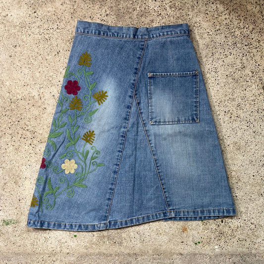 Vintage 90's Benetton Denim Midi Skirt with Autumnal Floral Embroidery (S/M)